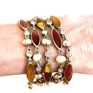 Multistrand Gold Tone Orange Amber Tones Link Bracelet Faux Pearls Rhinestones